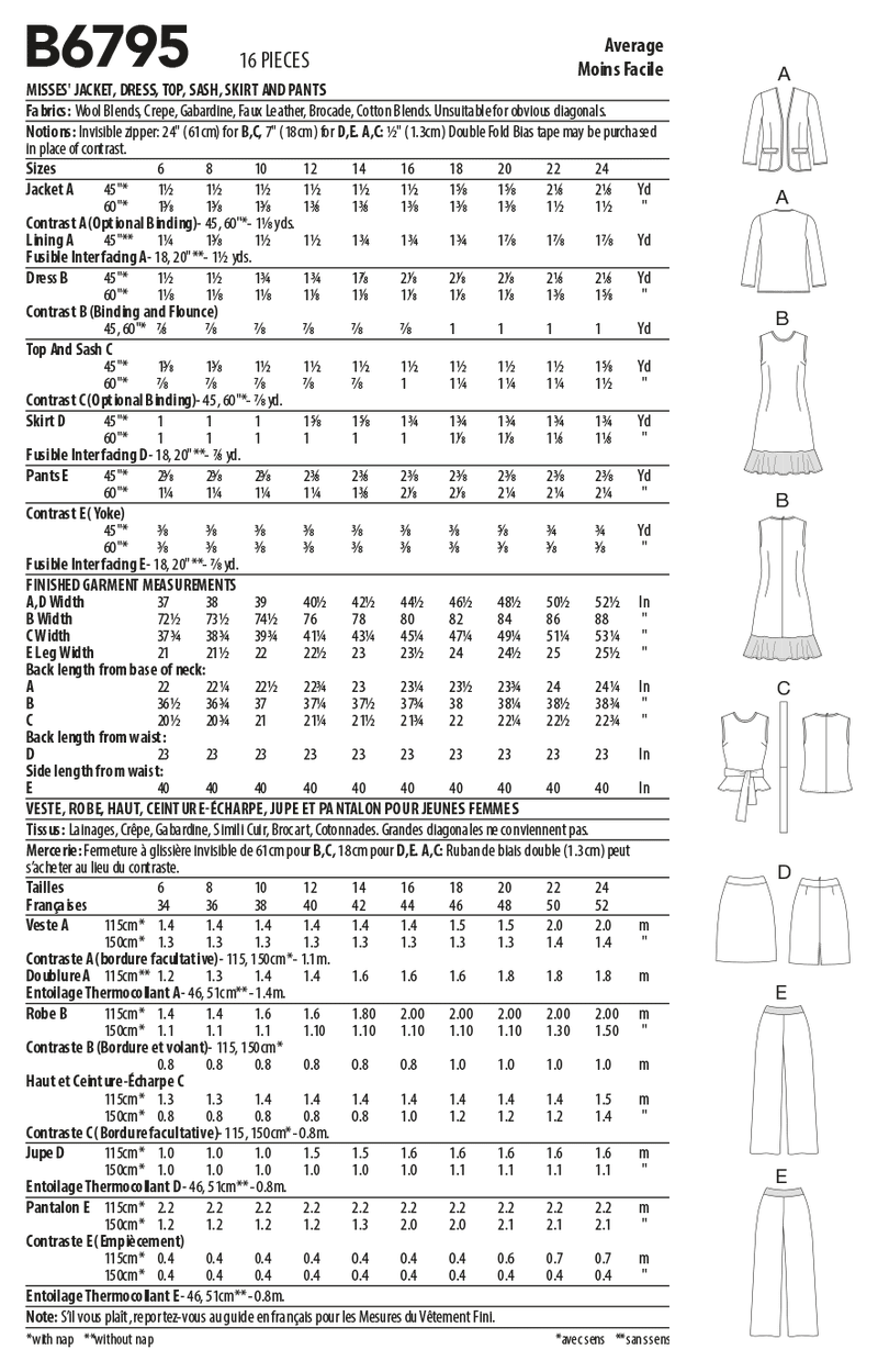 B6795 Misses' Jacket, Dress, Top, Sash, Skirt & Pants (Size: 16-18-20-22-24)