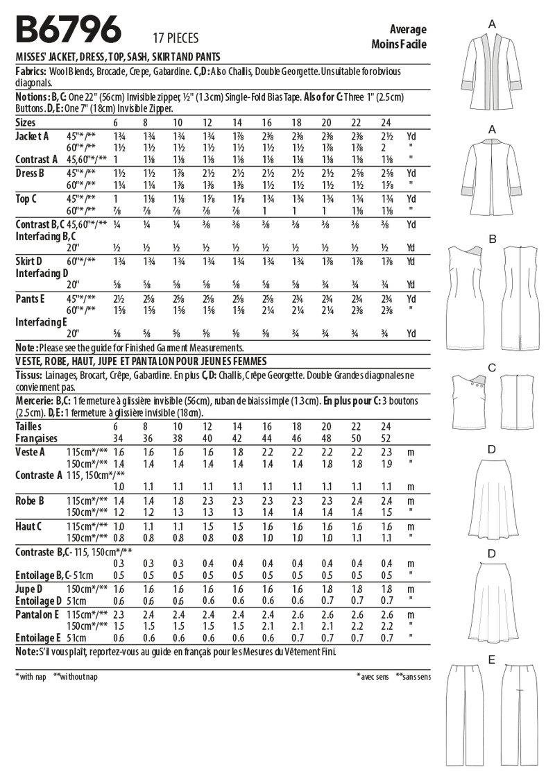 B6796 Misses' Jacket, Dress, Top, Skirt & Pants (Size: 16-18-20-22-24)