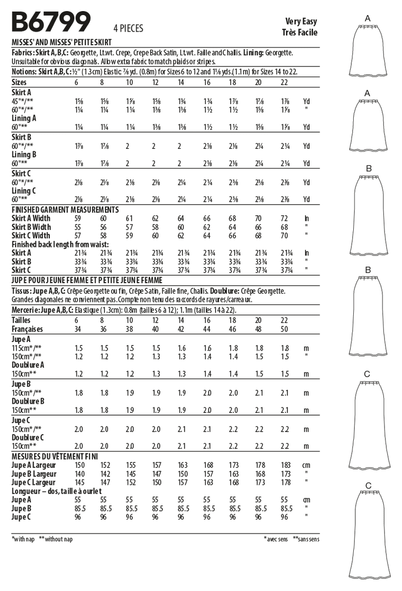 B6799 Misses' & Misses' Petite Bias A-Line Skirt (Size: 6-8-10-12-14)