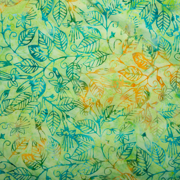 Batik teint à  la main - Feuilles - Vert / Jaune (10 mètres)
