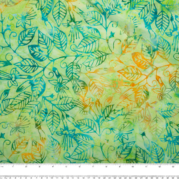 Batik teint à  la main - Feuilles - Vert / Jaune (10 mètres)