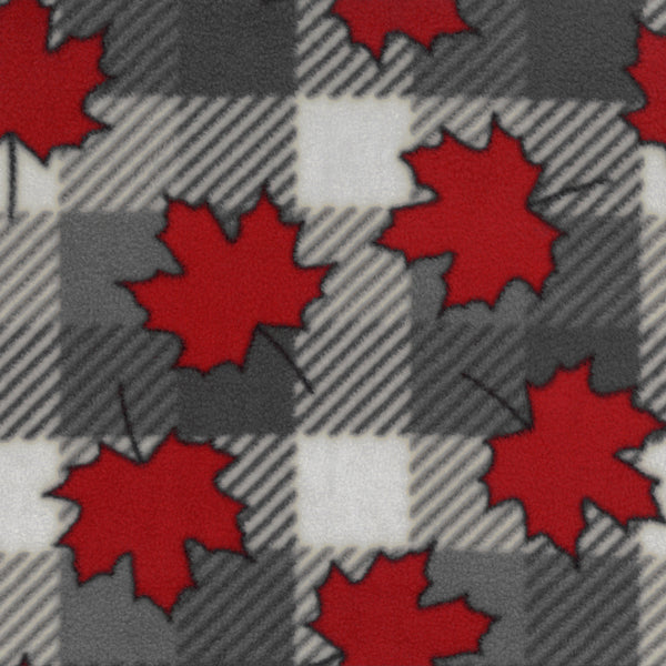 Canadiana Fleece Prints - Buffalo Plaid with Red Maple Leaf - Grey / red