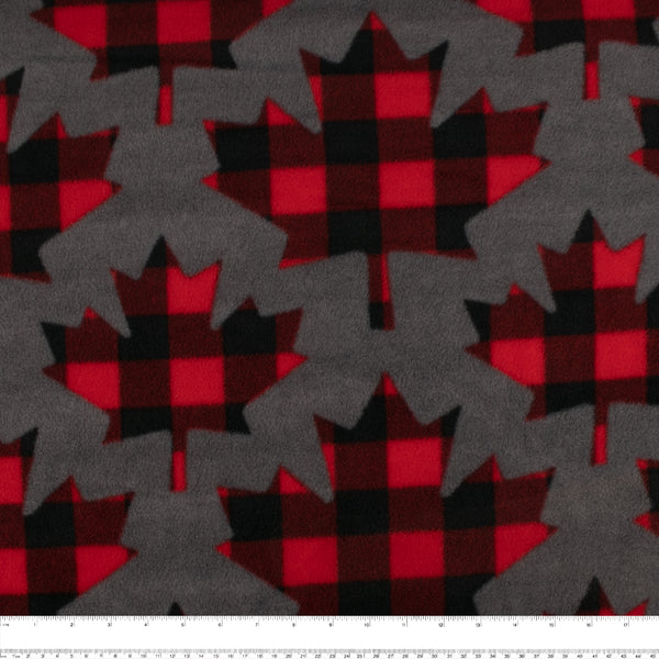 CANADIANA Anti Pill Fleece Print - Buffalo Plaid - Maple Leaf - Red / Dark grey
