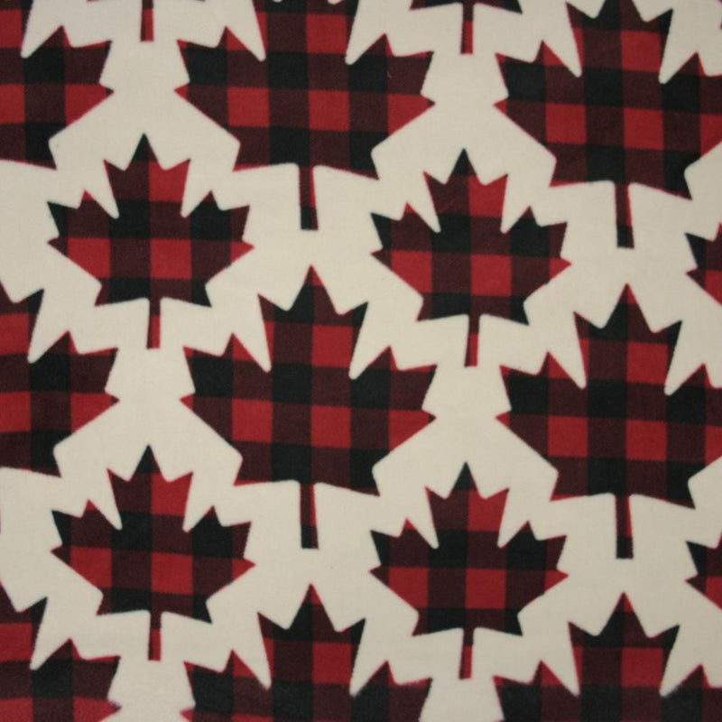 Canadiana Fleece Prints - Buffalo Plaid - Maple Leaf - Red on Beige