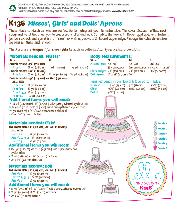 K0136 Misses'/Girls'/Dolls' Aprons (size: All Sizes In One Envelope)