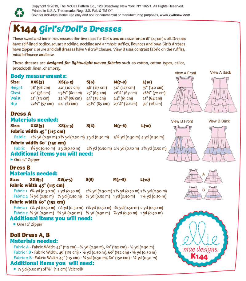 K0144 Girls'/Dolls' Dresses (size: All Sizes In One Envelope)