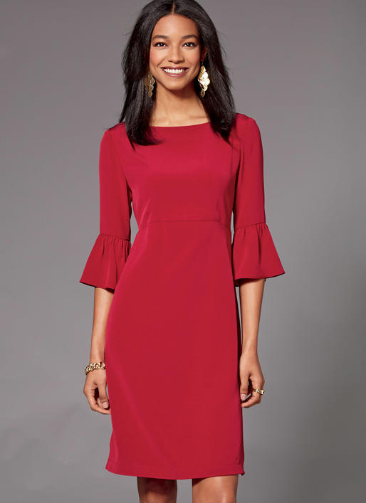 K4215 Misses' Dresses with Flounce Sleeves (size: XS-S-M-L-XL)