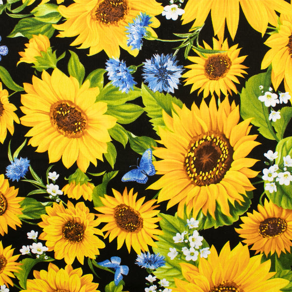 Printed Cotton - SUNFLOWER SUNRISE - Sunflower / Carnation petit - Black