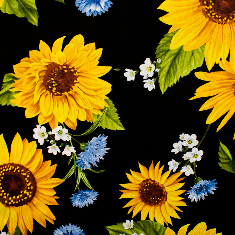 Printed Cotton - SUNFLOWER SUNRISE - Sunflower / Carnation - Black