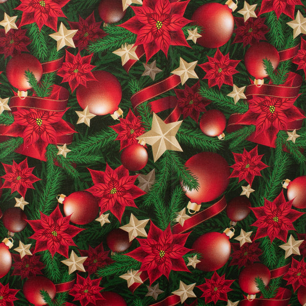 Christmas Cotton Print - Christmas ornaments / Poinsettias - Red