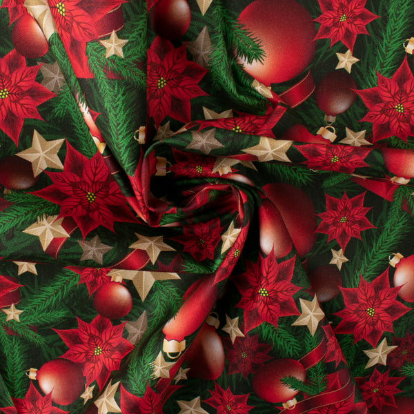 Christmas Cotton Print - Christmas ornaments / Poinsettias - Red