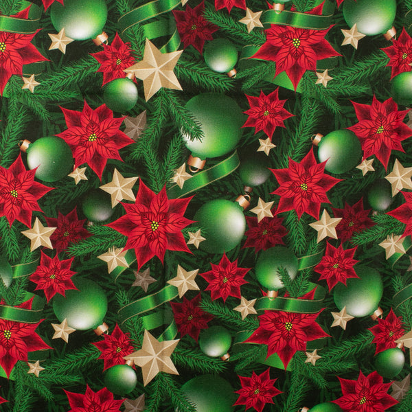 Coton imprimé de Noël - Boule de Noël / Poinsetia - Vert