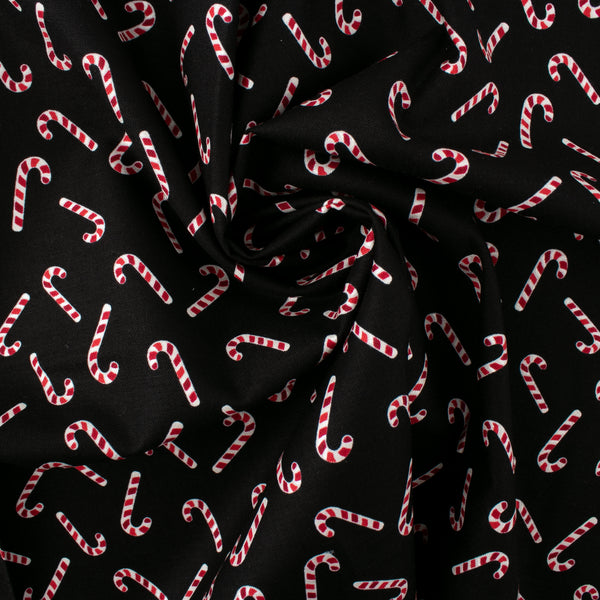 Printed Cotton - MERRY GNOMEVILLE - Candy canes - Black