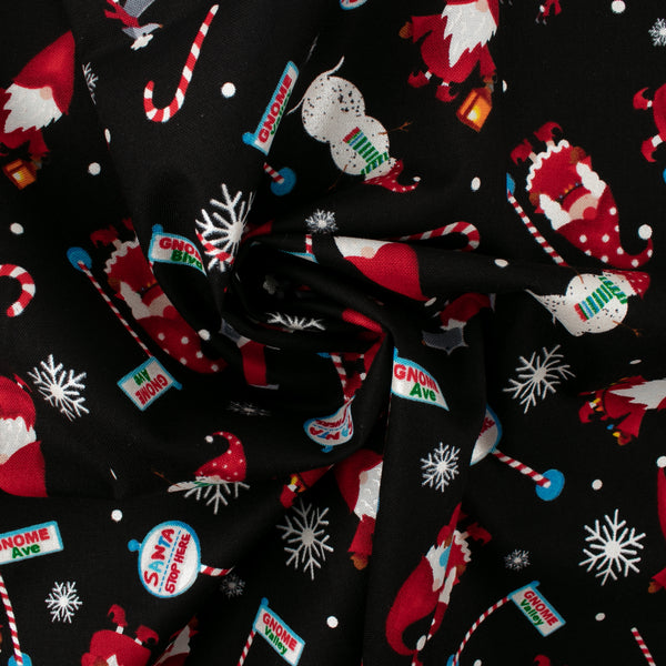 Printed Cotton - MERRY GNOMEVILLE - Gnomes - Black