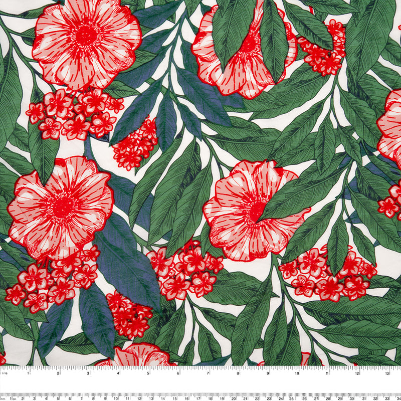 Cotton tencel print - TANYA - Tropical leafs - White / Red