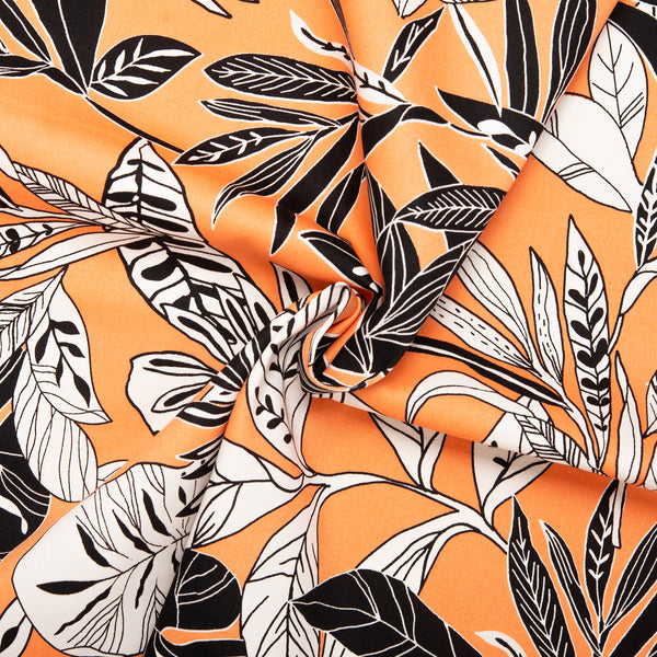 Satinette extensible imprimée - LYDIA - Feuille tropical - Orange