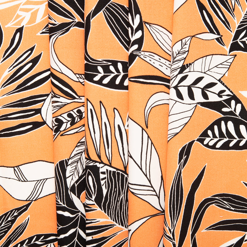 Satinette extensible imprimée - LYDIA - Feuille tropical - Orange
