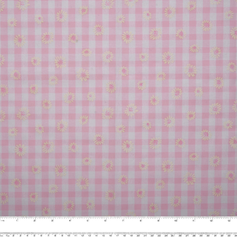 Coton Fantaisie tendance - Marguerites / Carreaux - Rose pâle