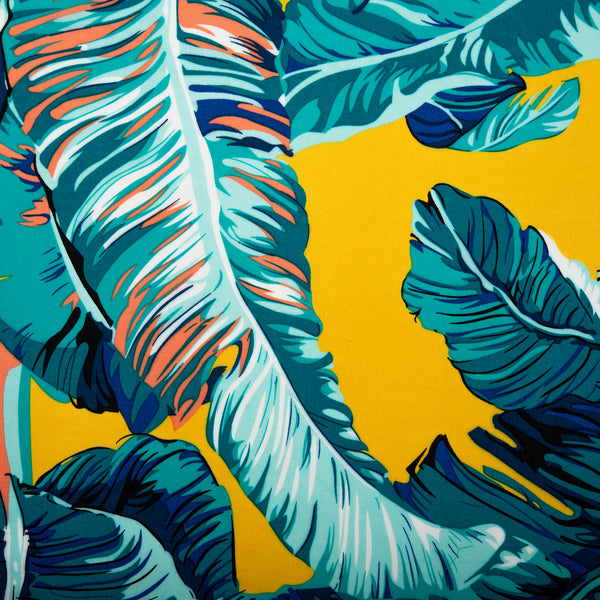 Popeline de rayonne imprimée - ANNA - Feuille tropical - Jaune / Turquoise