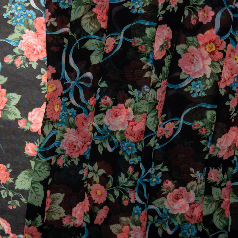 Printed Chiffon - CHANDA - Roses - Black / Pink