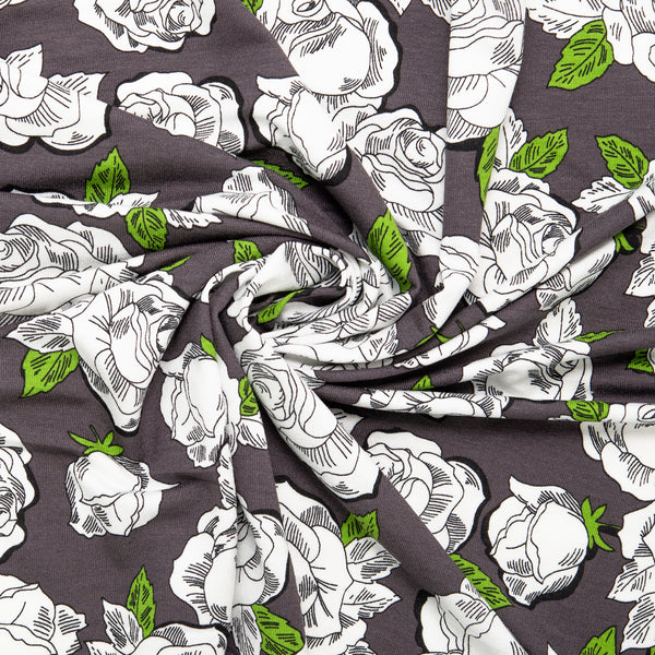 Printed Viscose Knit - ARIELLA - Roses - Grey / Green