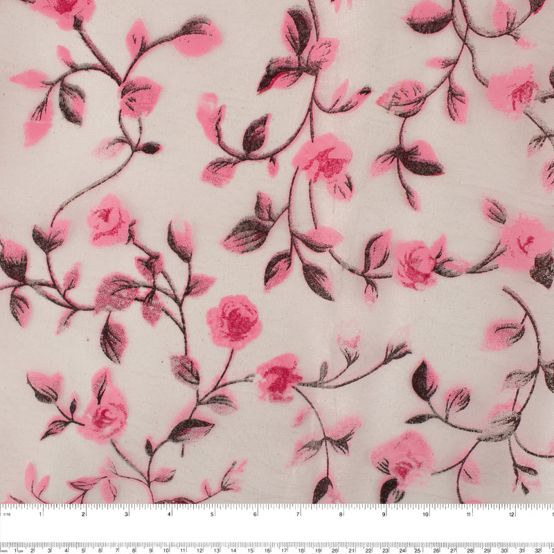 Printed Burnout Organza - Roses - Pink