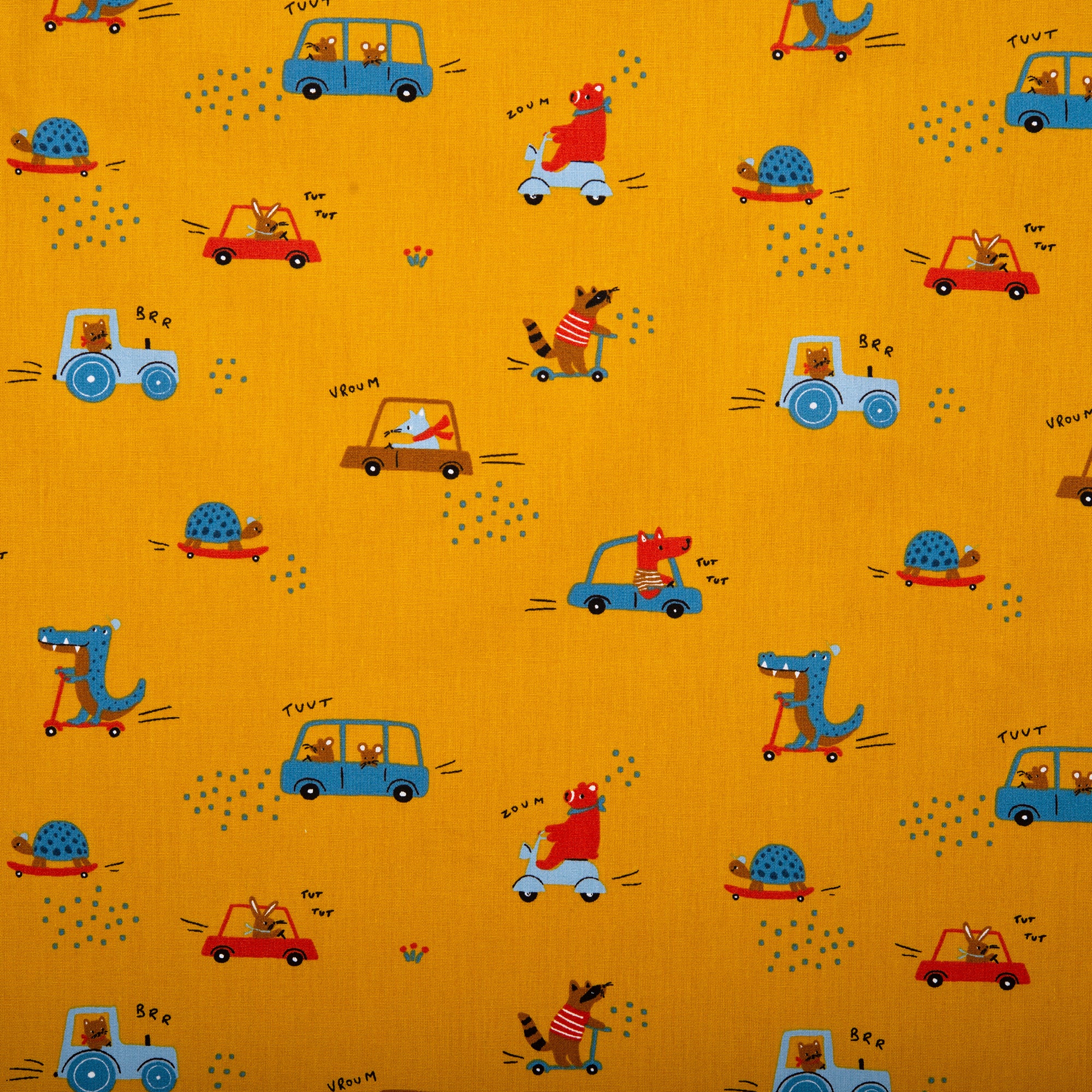 Printed Cotton Poplin WOO HOO Cars Gold Fabricville