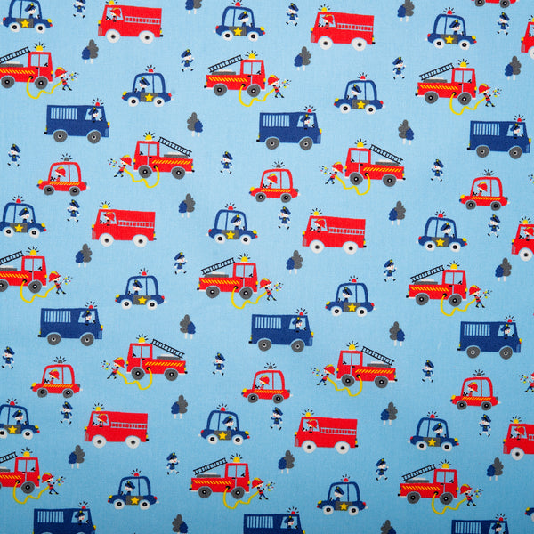 Printed Cotton Poplin - WOO HOO - Fire truck - Blue