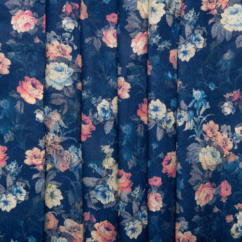 Digital Printed cotton - MEDLEY - Roses - Blue