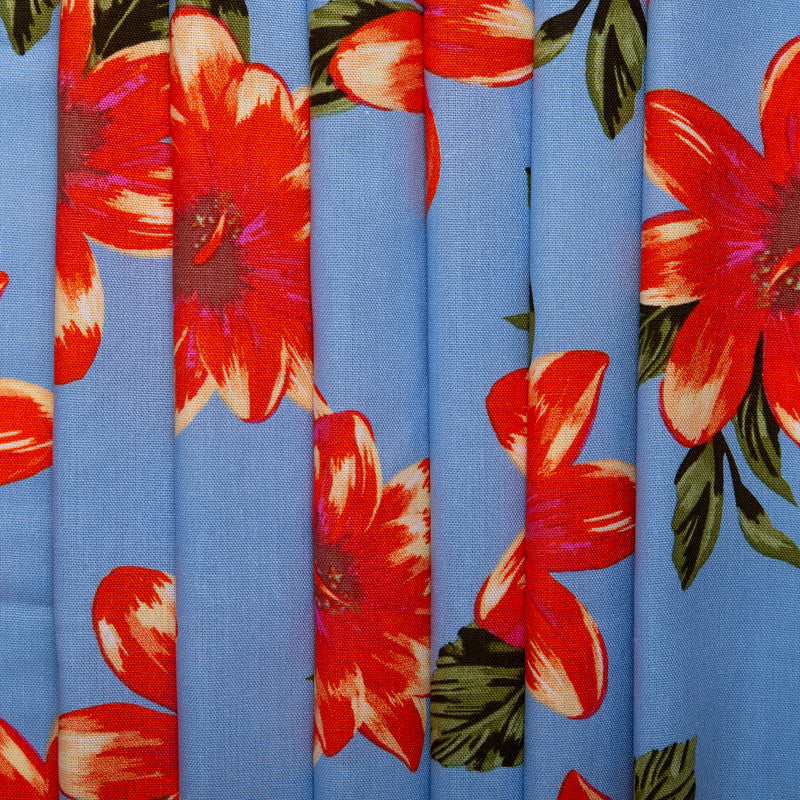 Printed Rayon Linen - BORA BORA - Lily - Blue / Red
