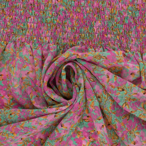 Georgette de polyester Froncé imprimé - GEORGINA - Fleuris - Rose