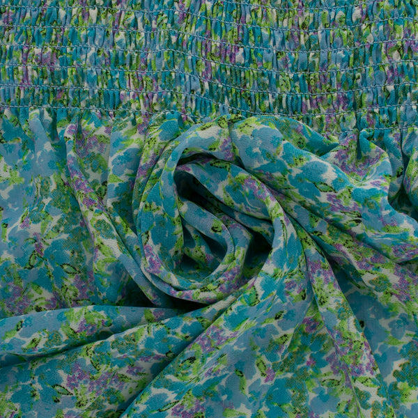 Smocked print Polyester Georgette - GEORGINA - Florals - Blue