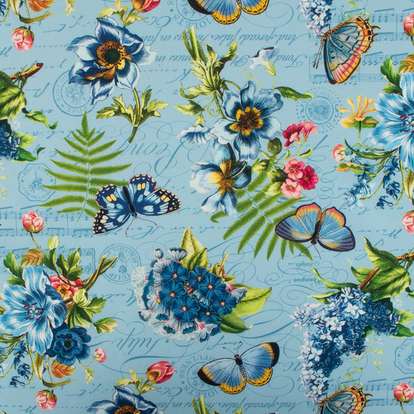 Digital Printed Cotton - SOMETHING BLUE - Butterfly / Lily - Blue