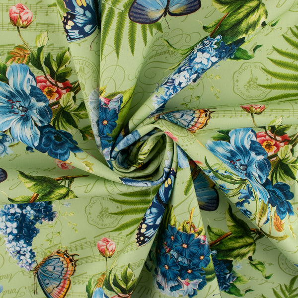 Digital Printed Cotton - SOMETHING BLUE - Butterfly / Lily - Green