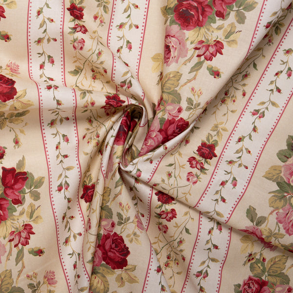 Floral printed cotton - VINTAGE - Roses / Stripes - Cornsilk