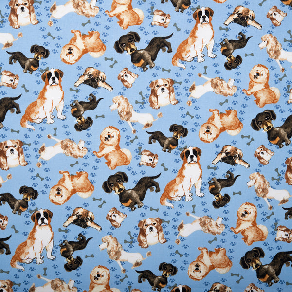 Printed Cotton - FURRY FRIENDS - Dogs / Paws - Blue