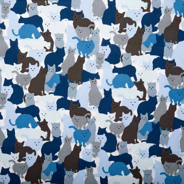 Printed Cotton - FURRY FRIENDS - Cats - White / Blue
