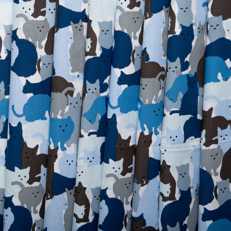 Printed Cotton - FURRY FRIENDS - Cats - White / Blue