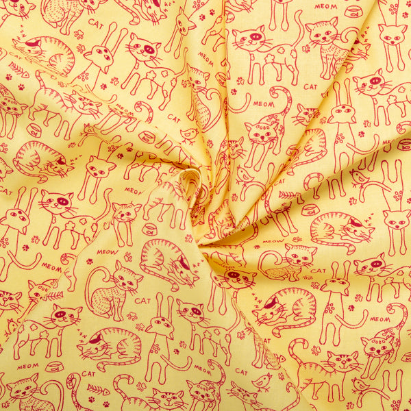 Printed Cotton - FURRY FRIENDS - Cats meow - Yellow