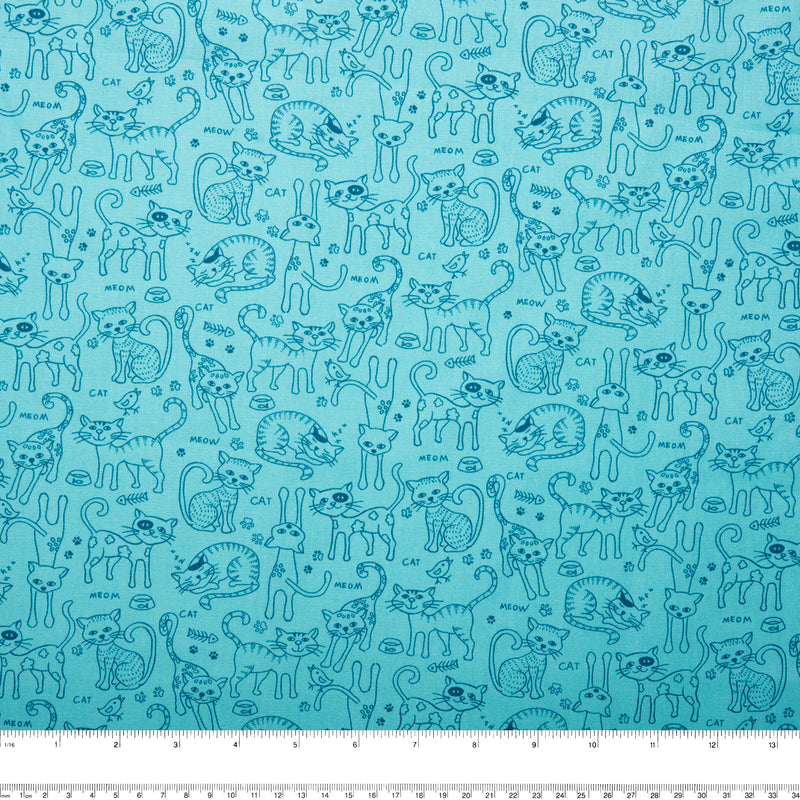 Printed Cotton - FURRY FRIENDS - Cats meow - Turquoise