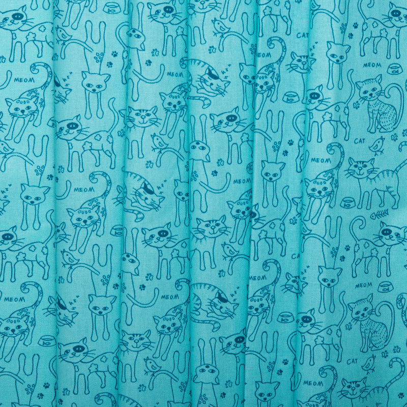 Printed Cotton - FURRY FRIENDS - Cats meow - Turquoise