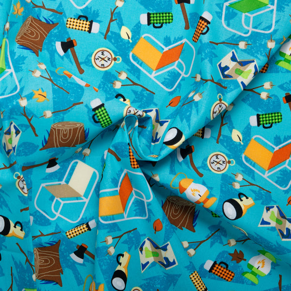 Printed Cotton - LET'S GO CAMPING - Camping stock - Blue