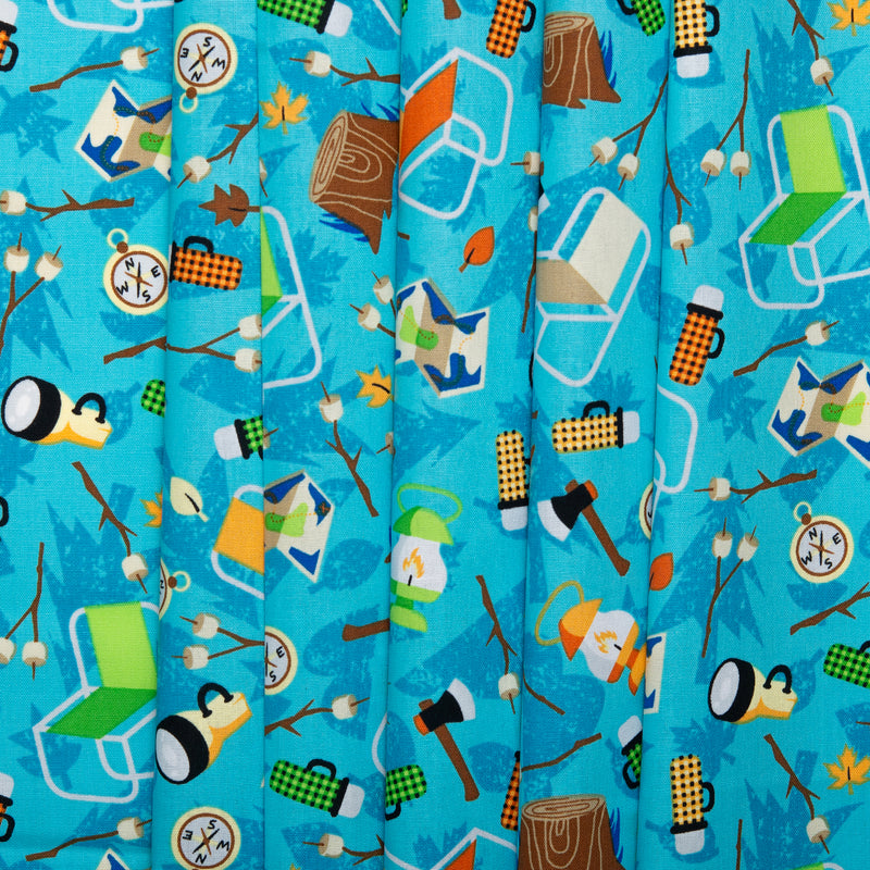 Printed Cotton - LET'S GO CAMPING - Camping stock - Blue