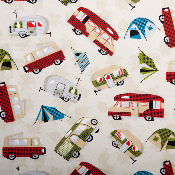 Printed Cotton - LET'S GO CAMPING - Camping car - Beige