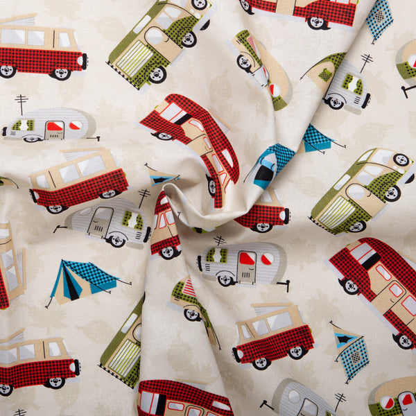 Printed Cotton - LET'S GO CAMPING - Camping car - Beige