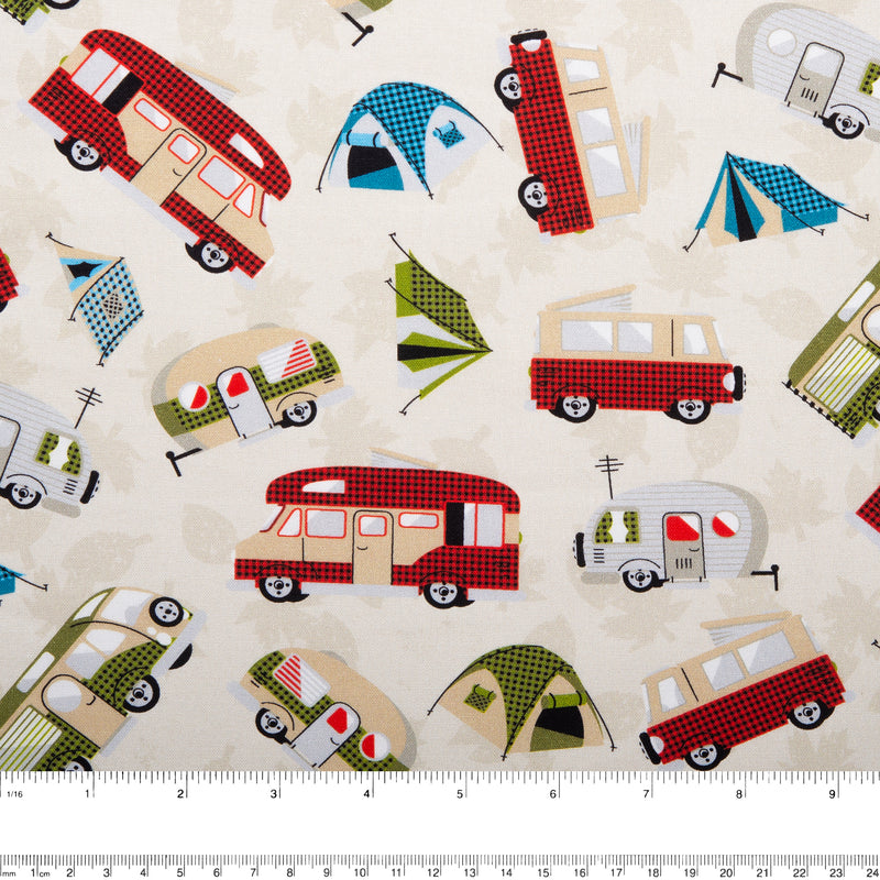 Printed Cotton - LET'S GO CAMPING - Camping car - Beige