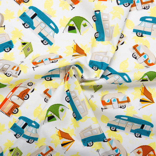 Printed Cotton - LET'S GO CAMPING - Camping car - Yellow