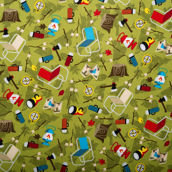 Printed Cotton - LET'S GO CAMPING - Camping stock - Khaki