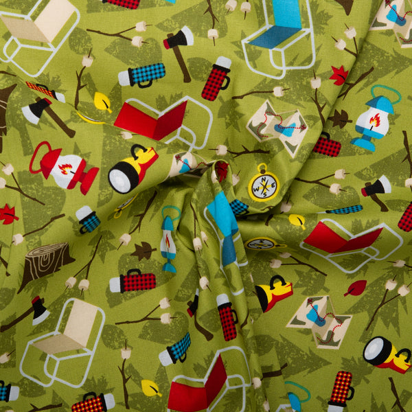 Printed Cotton - LET'S GO CAMPING - Camping stock - Khaki