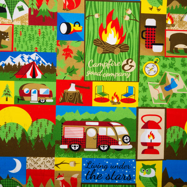 Coton imprimé - <LET'S GO CAMPING> - Camping cube - Rouge